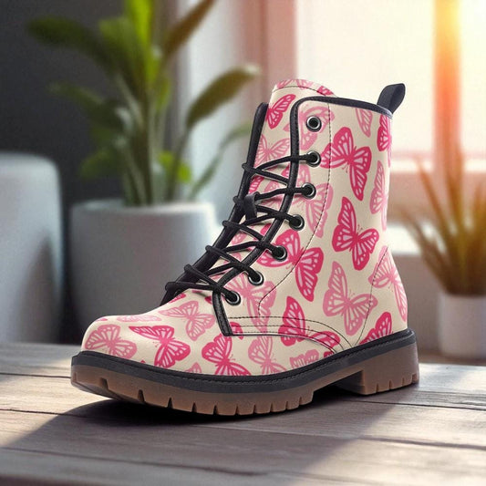 Pink Butterfly Combat Boots, Kawaii Fairycore Rave Outfit Shoes for Festivals