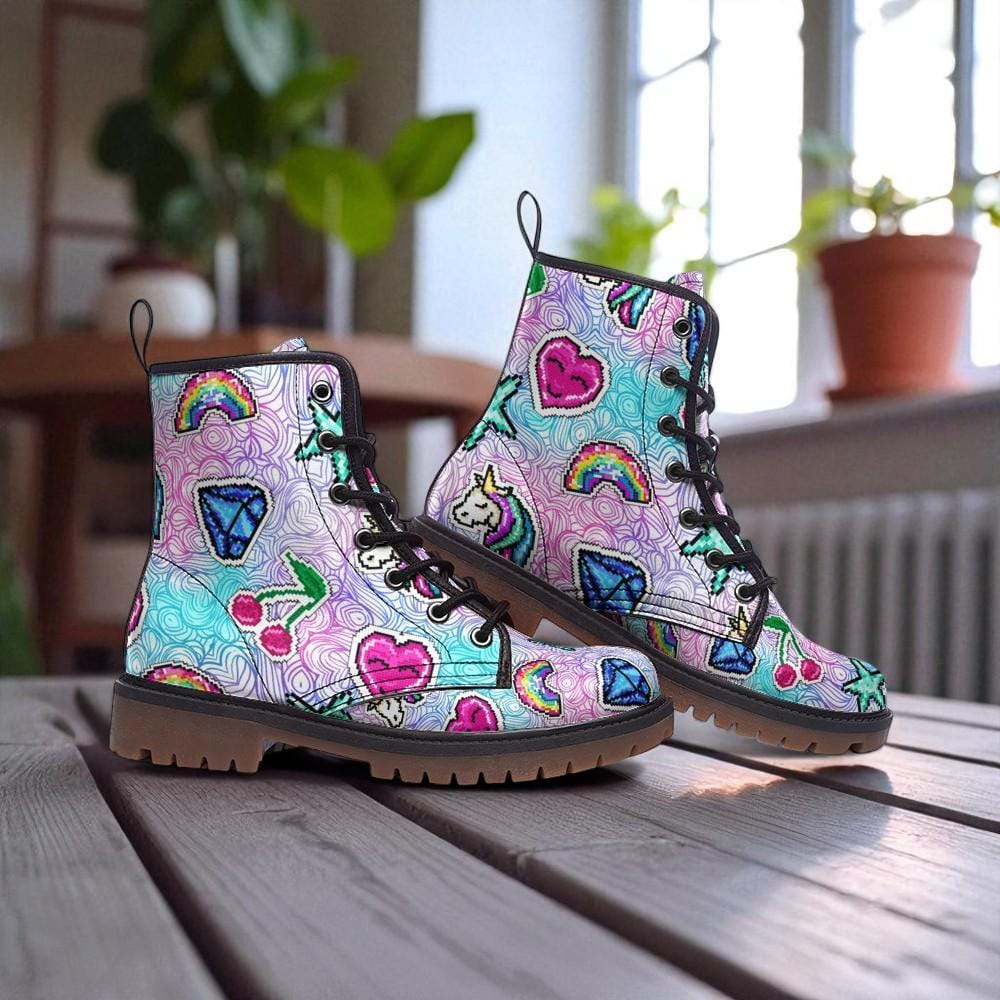 Pixel Unicorn Combat Boots, Rave Festival Boots Rainbow Y2K Pastel