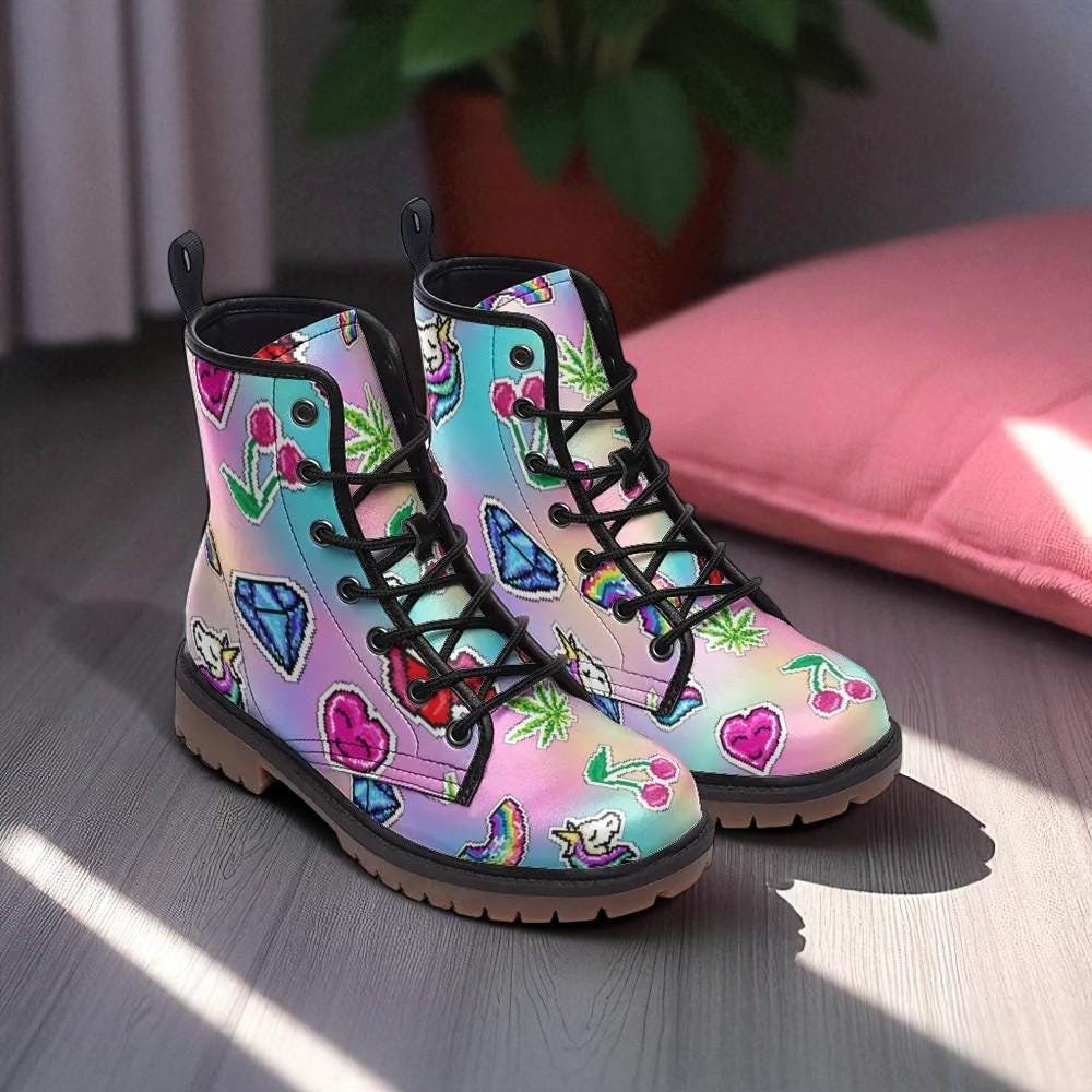 Kawaii Pastel Combat Boots: Vegan Leather Rave Festival Shoes