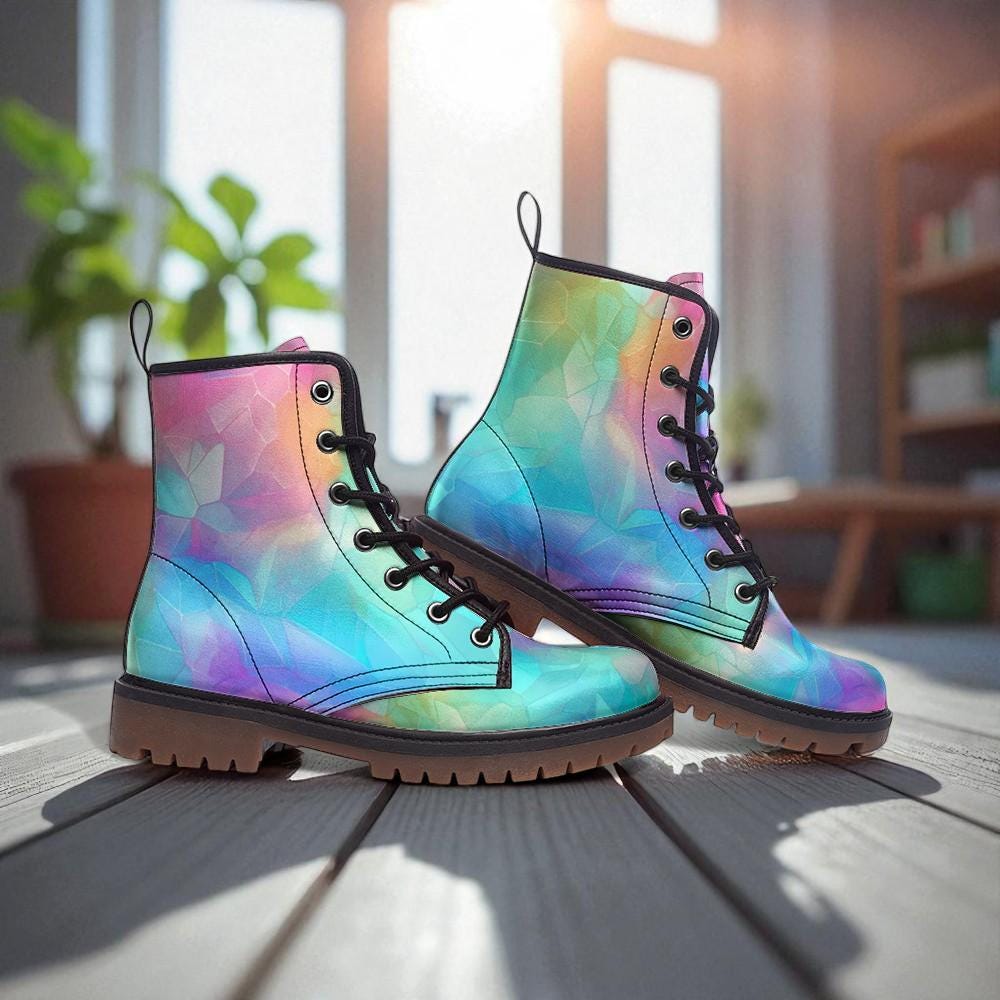 Pastel Iridescent Boots, Colorful Festival Fairy Combat Shoes