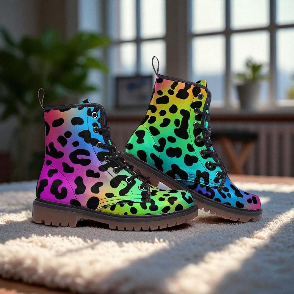 Neon Rainbow Leopard Boots, Colorful Statement Combat Shoes for Party Outfits