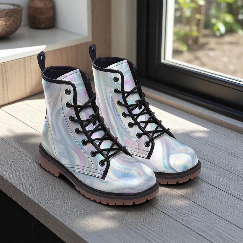 Holographic Silver Combat Boots, Futuristic Y2K Cyber Rave Festival Shoes