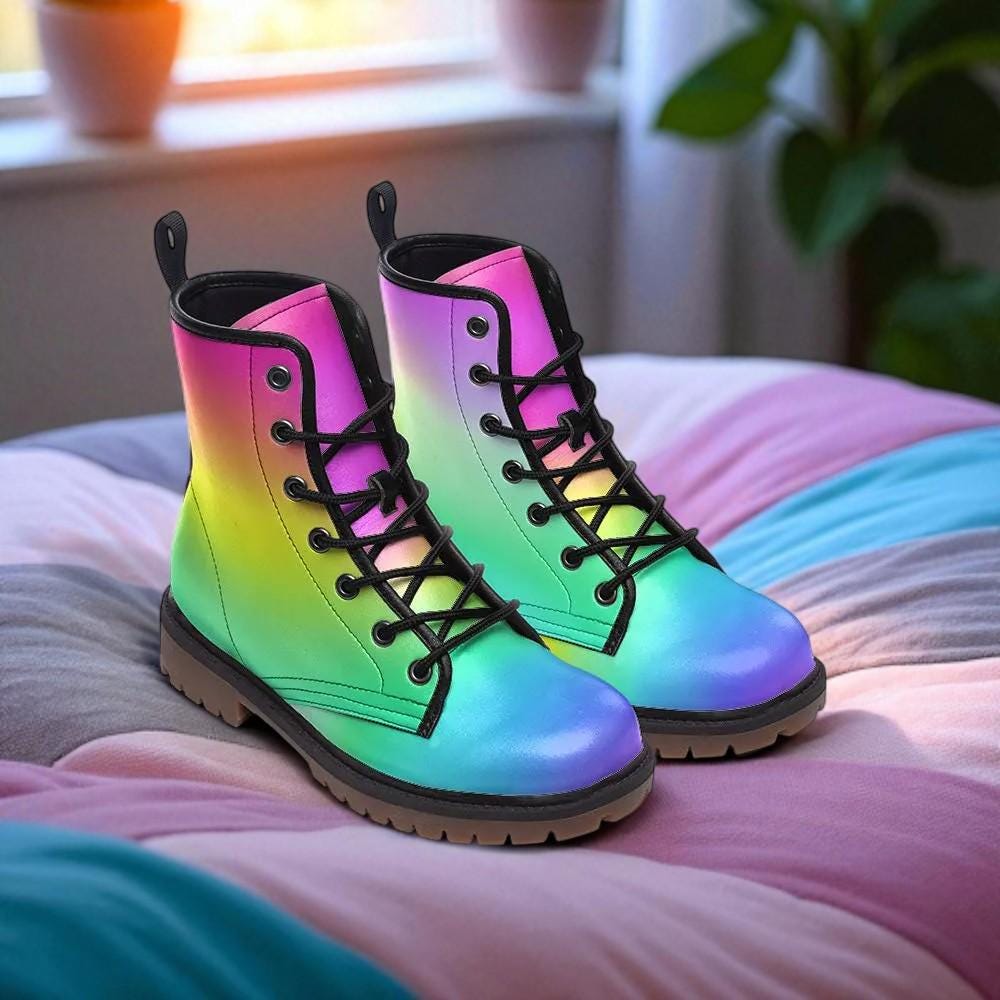 Gradient Rainbow Combat Boots, Colorful EDM Rave Party Footwear