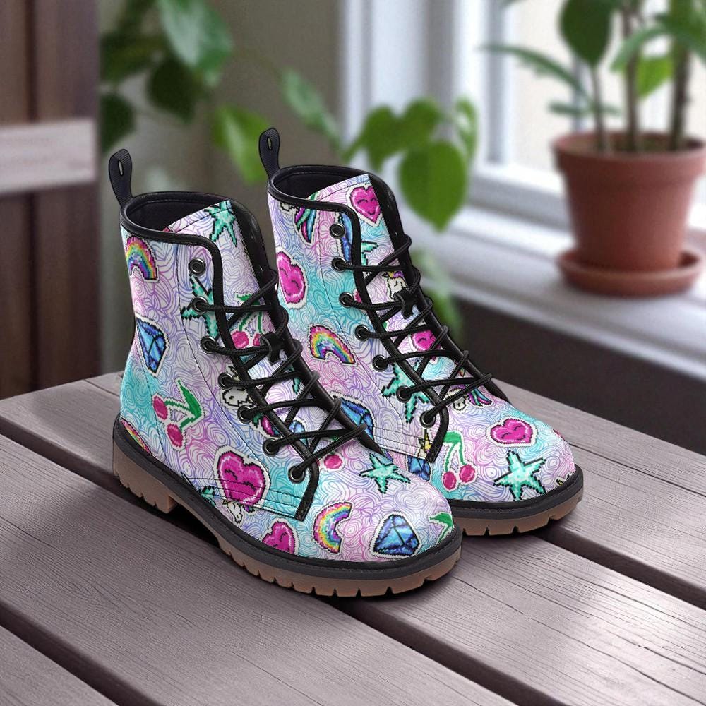 Pixel Unicorn Combat Boots, Rave Festival Boots Rainbow Y2K Pastel