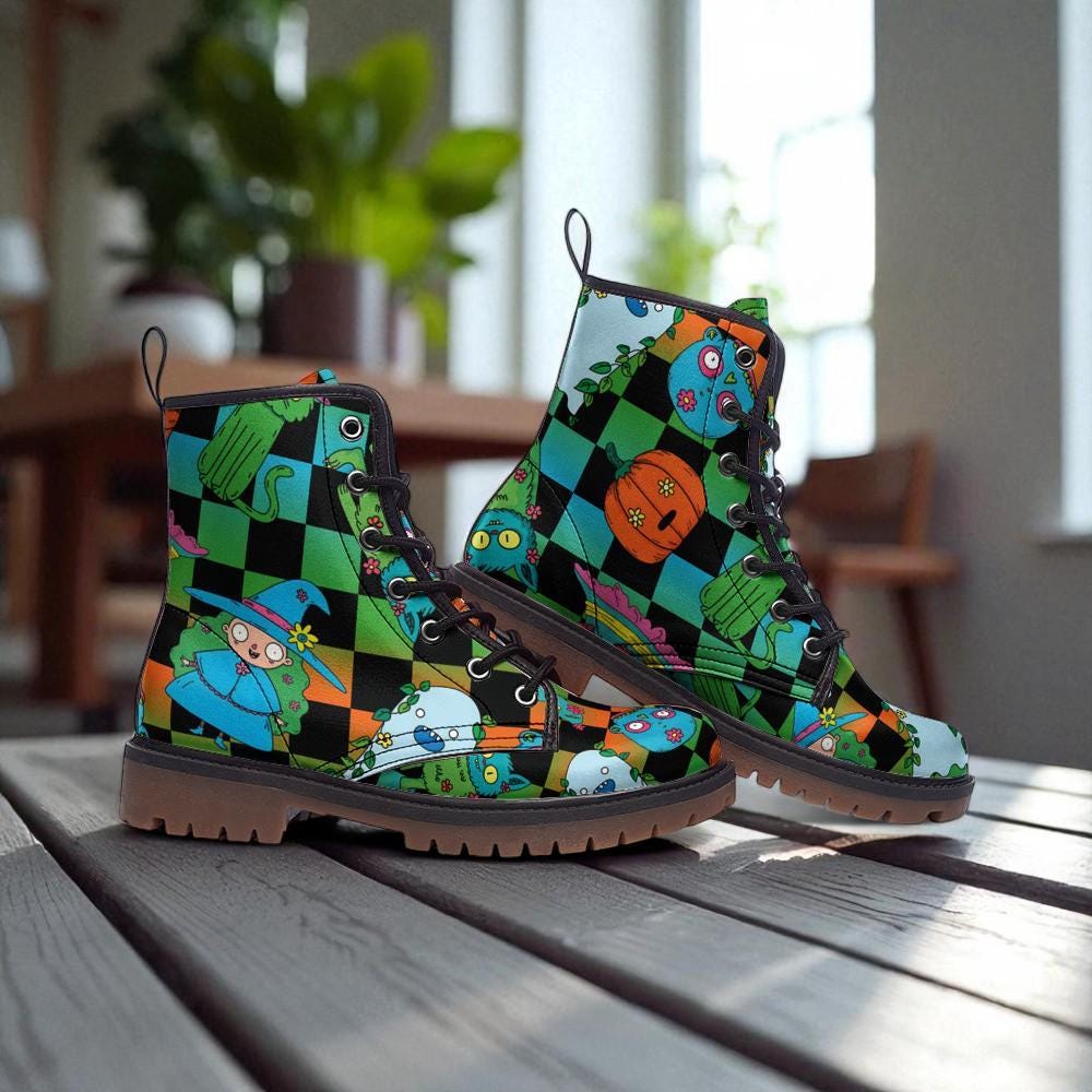 Cartoon Print Combat Boots, Colorful Psy Festival Footwear Y2K Statement