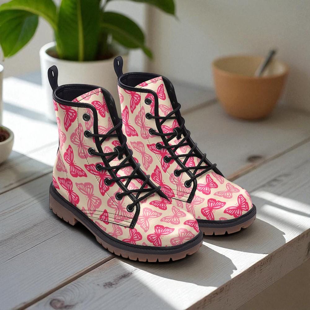 Pink Butterfly Combat Boots, Kawaii Fairycore Rave Outfit Shoes for Festivals