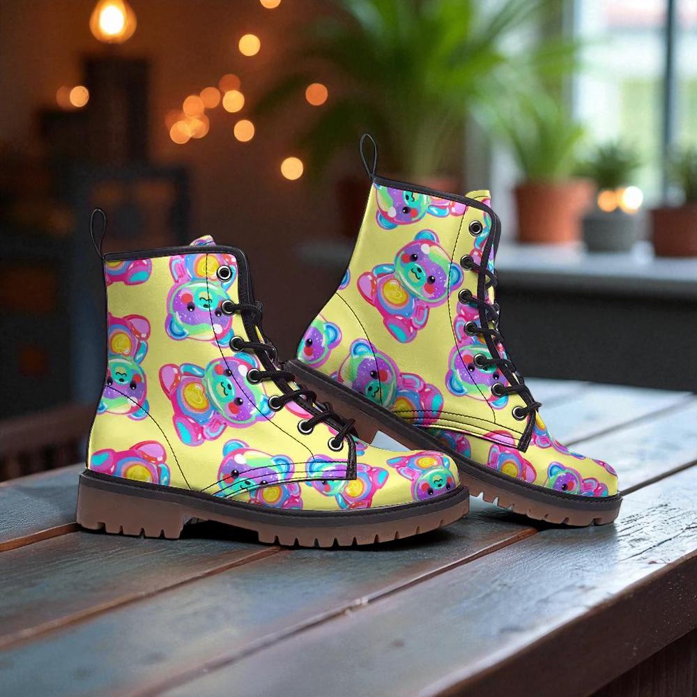 Rainbow bear boots, dopamine rave lace up shoes, festival party style