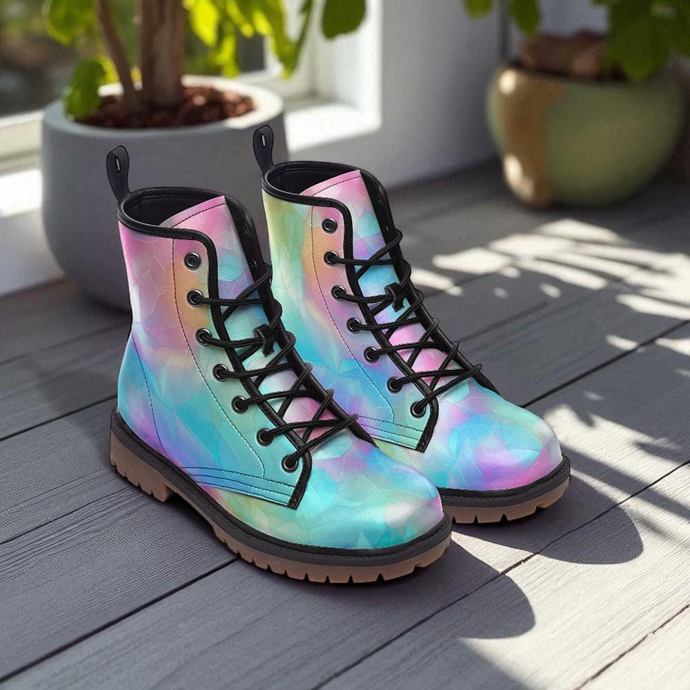 Pastel Iridescent Boots, Colorful Festival Fairy Combat Shoes