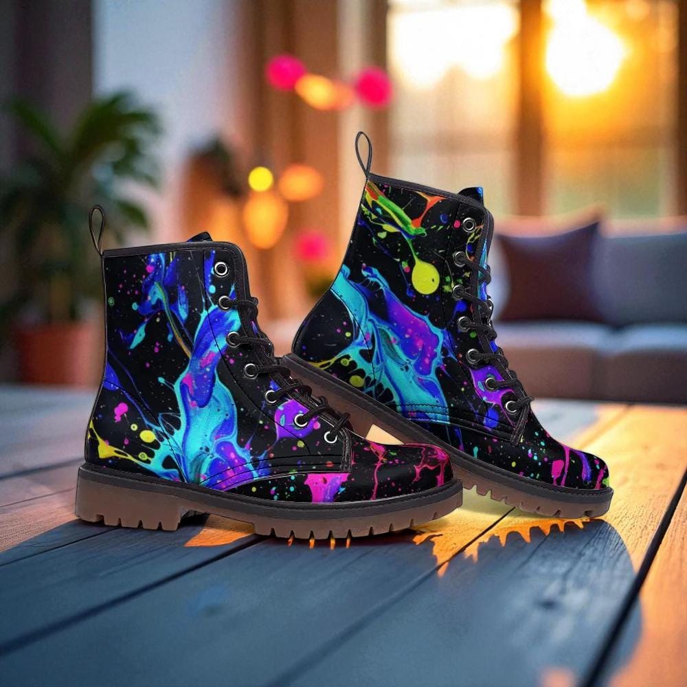 Neon Splatter Combat Boots Rave Festival Shoes Dopamine Statement Footwear