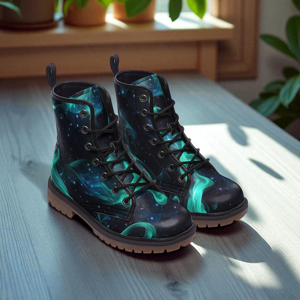 Aurora Borealis Vegan Leather Combat Boots: Festival Rave Footwear
