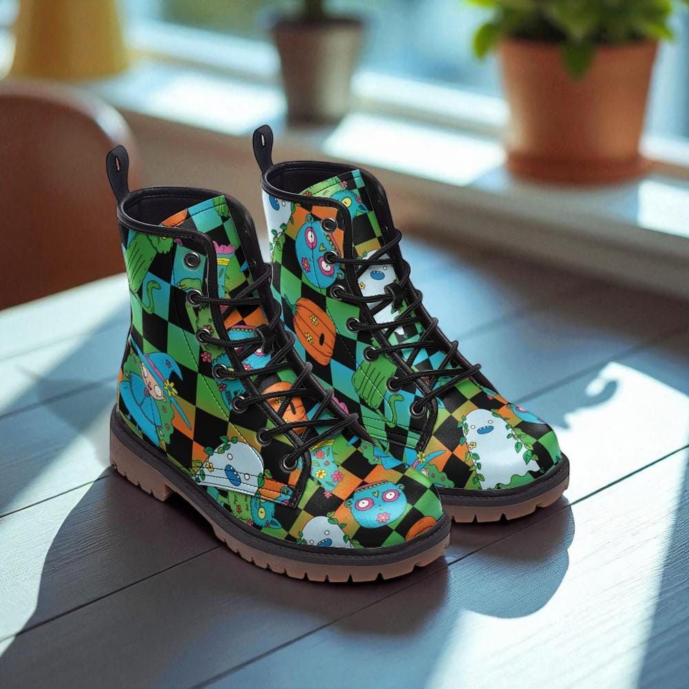 Cartoon Print Combat Boots, Colorful Psy Festival Footwear Y2K Statement