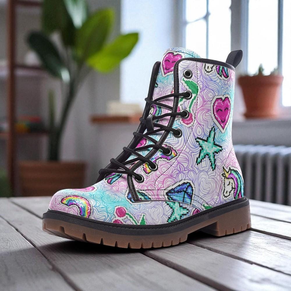 Pixel Unicorn Combat Boots, Rave Festival Boots Rainbow Y2K Pastel
