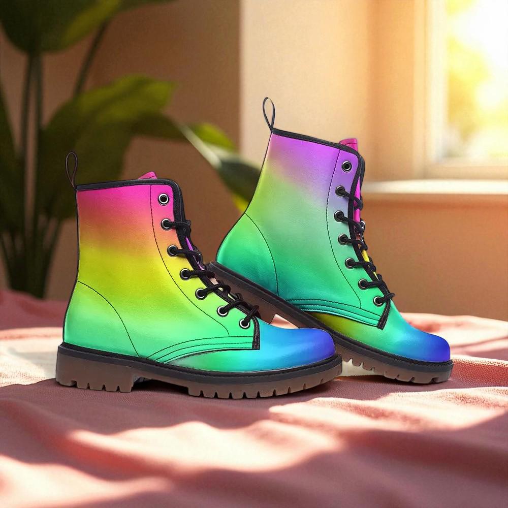 Gradient Rainbow Combat Boots, Colorful EDM Rave Party Footwear