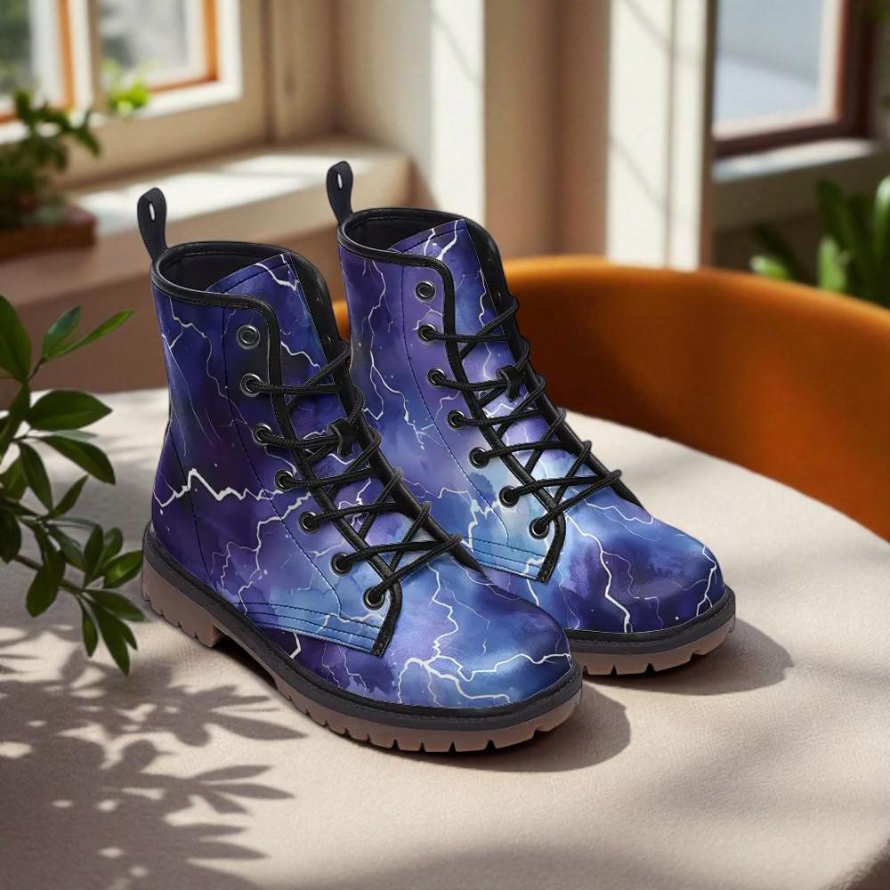 Electric Lightning Combat Boots, Stormcore Rave Festival Shoes in Blue
