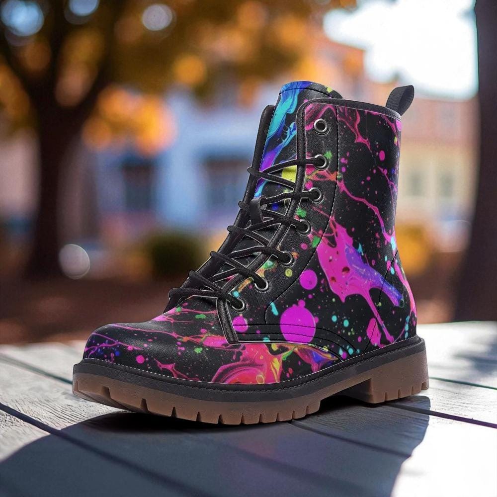 Neon Splatter Combat Boots Rave Festival Shoes Dopamine Statement Footwear