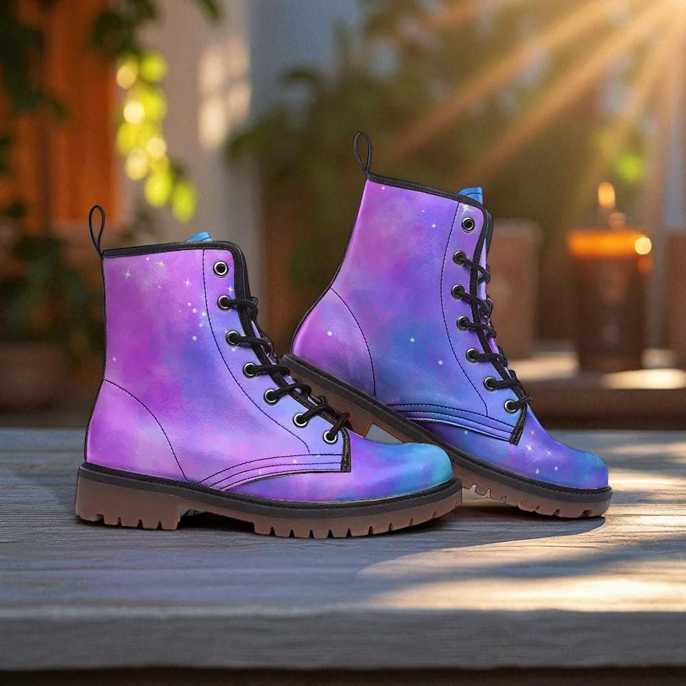 Galaxy Combat Boots, Rave Festival Shoes Purple Blue Pastel Boots