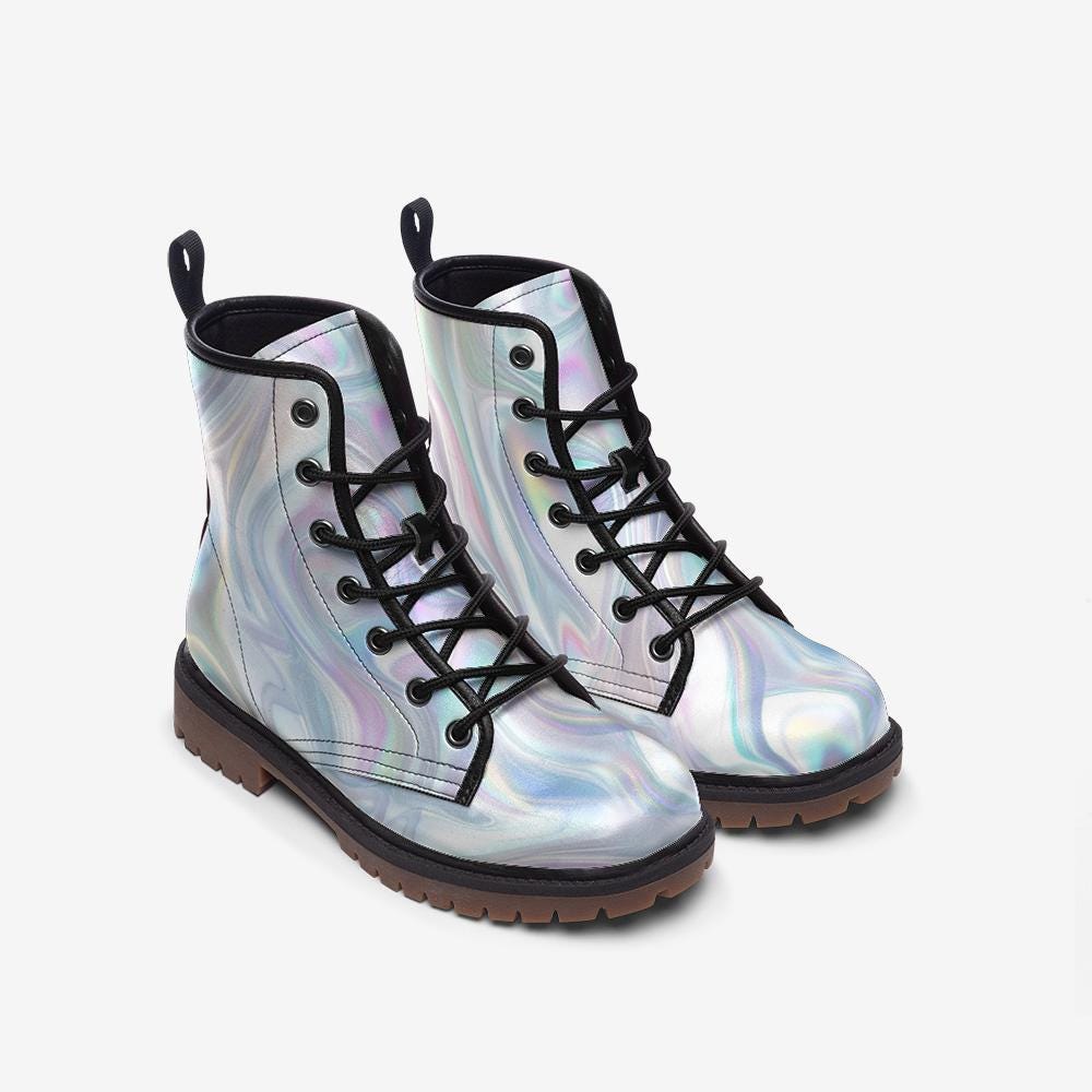 Holographic Silver Combat Boots, Futuristic Y2K Cyber Rave Festival Shoes