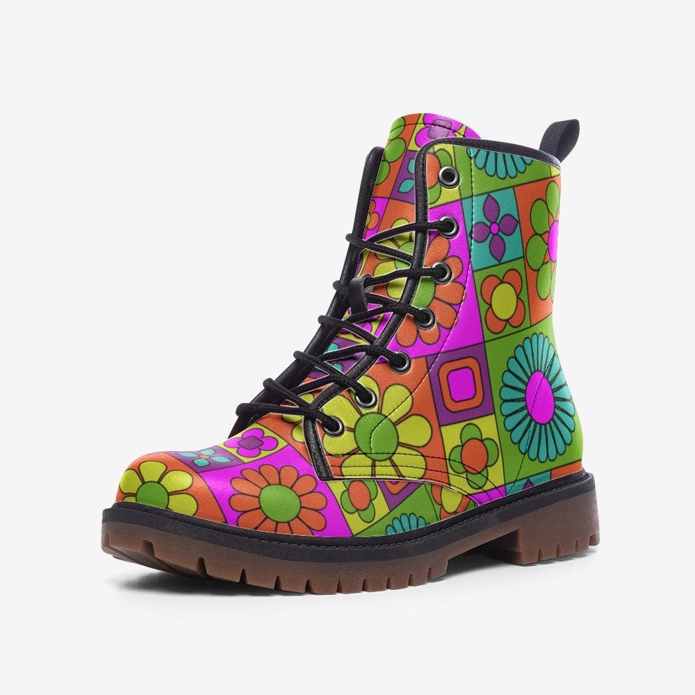 Psychedelic Daisy Vegan Leather Combat Boots: 70s Rave Festival Footwear