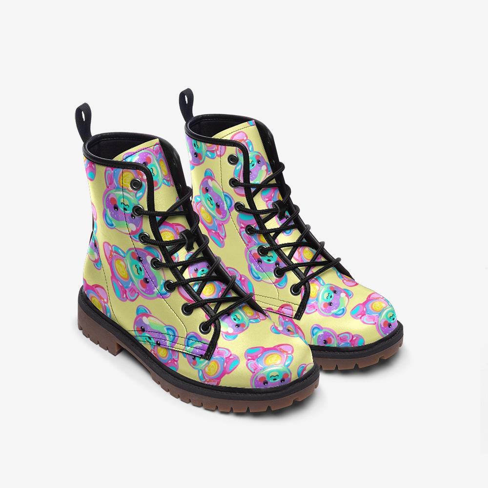 Rainbow bear boots, dopamine rave lace up shoes, festival party style