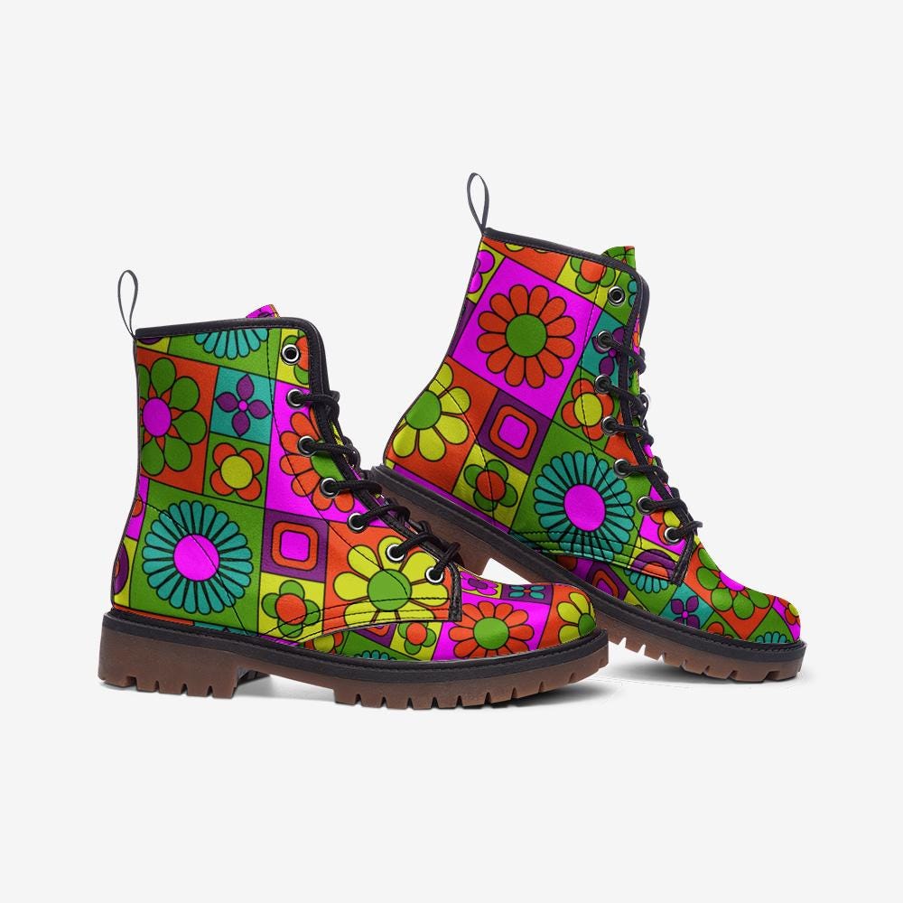 Psychedelic Daisy Vegan Leather Combat Boots: 70s Rave Festival Footwear