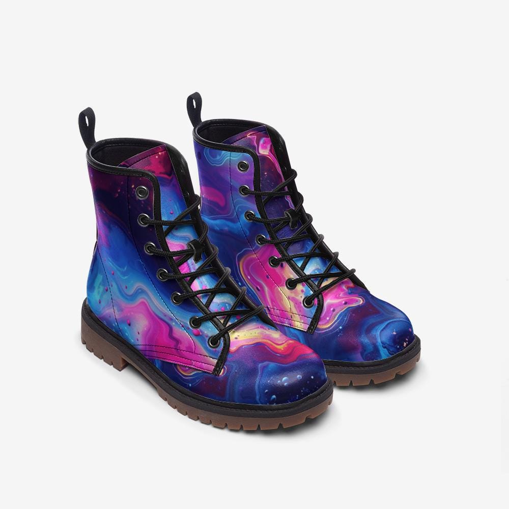 Neon Galaxy Combat Boots, Psychedelic Rave Festival Shoes