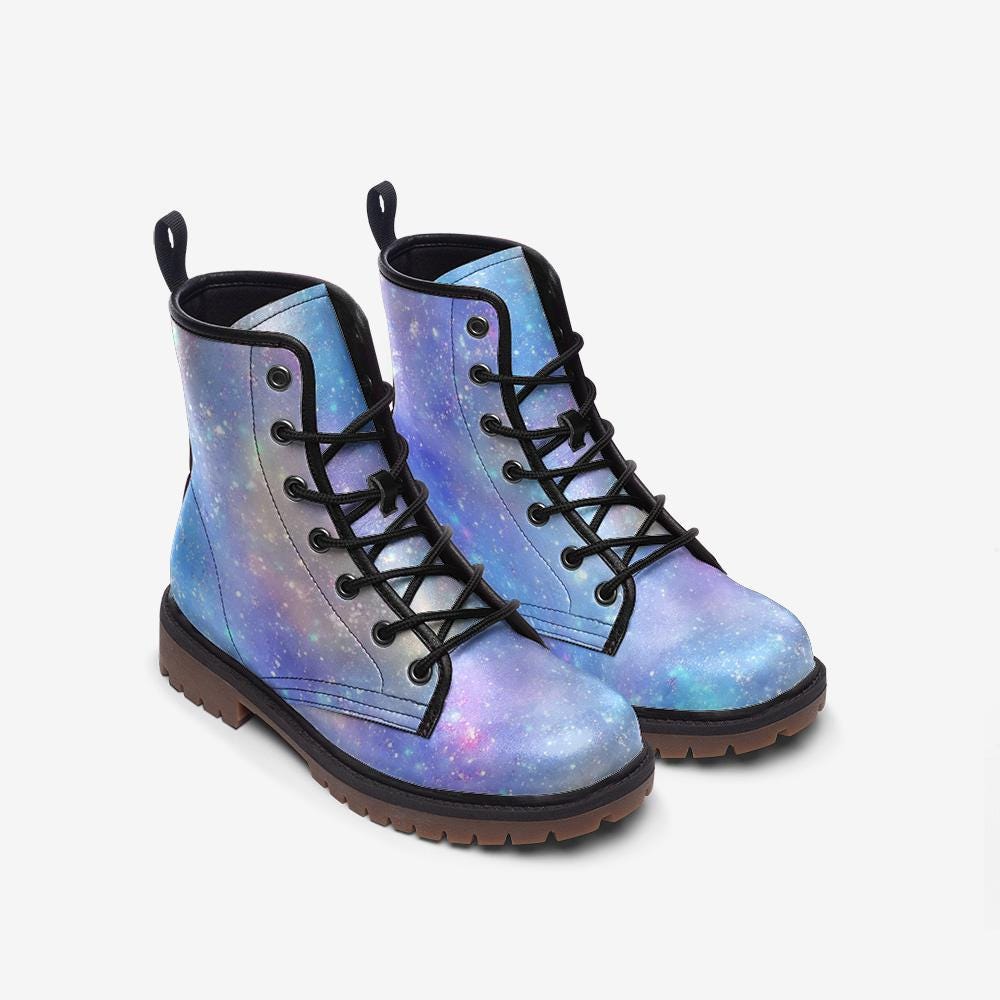 Galaxy Combat Boots, Celestial Starry Night Print Festival Rave Shoes