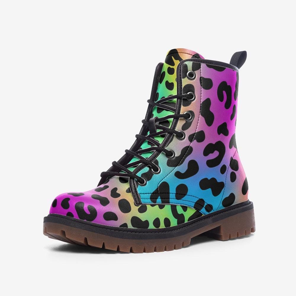 Neon Rainbow Leopard Boots, Colorful Statement Combat Shoes for Party Outfits