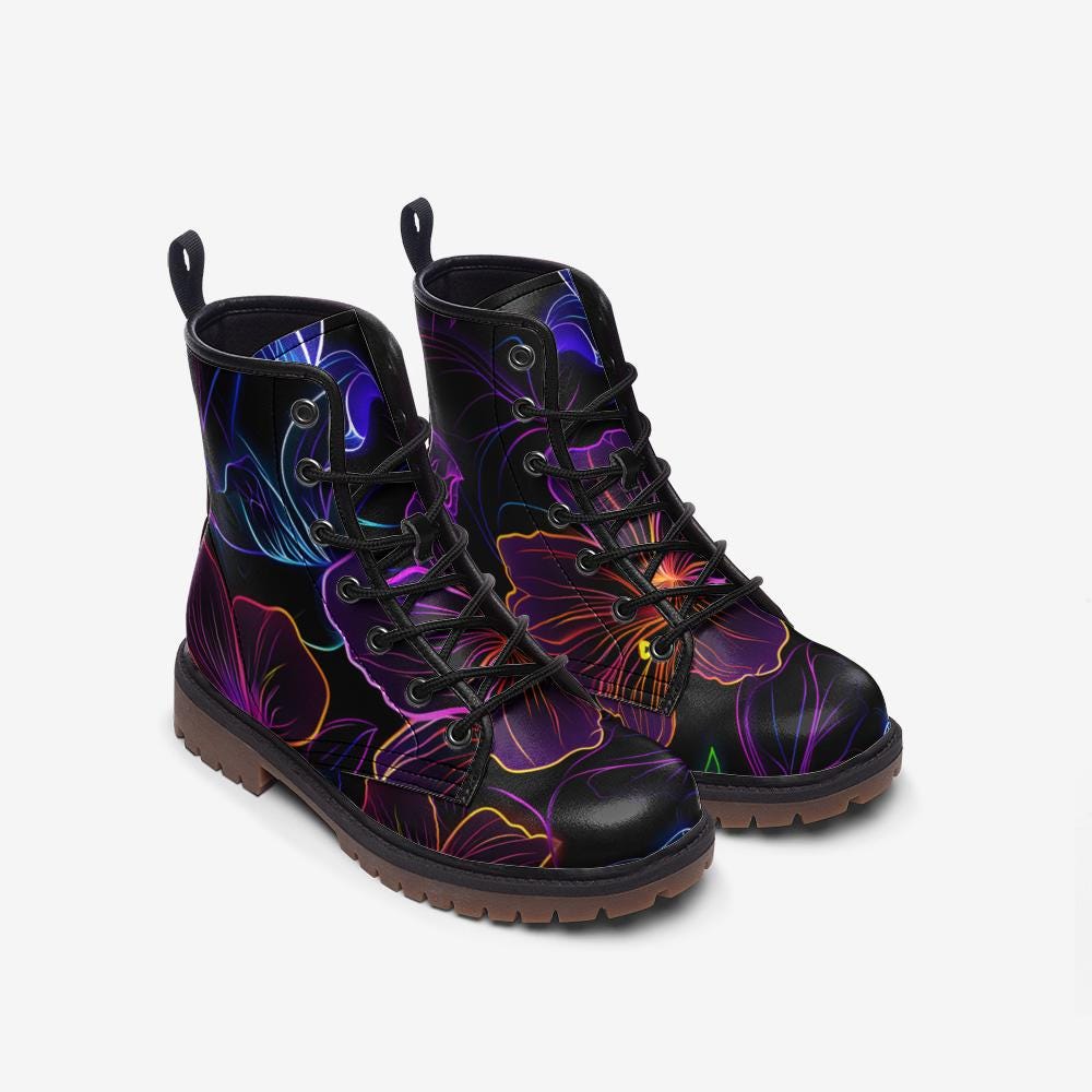 Neon Floral Combat Boots, Psychedelic Rave Footwear for Night Parties