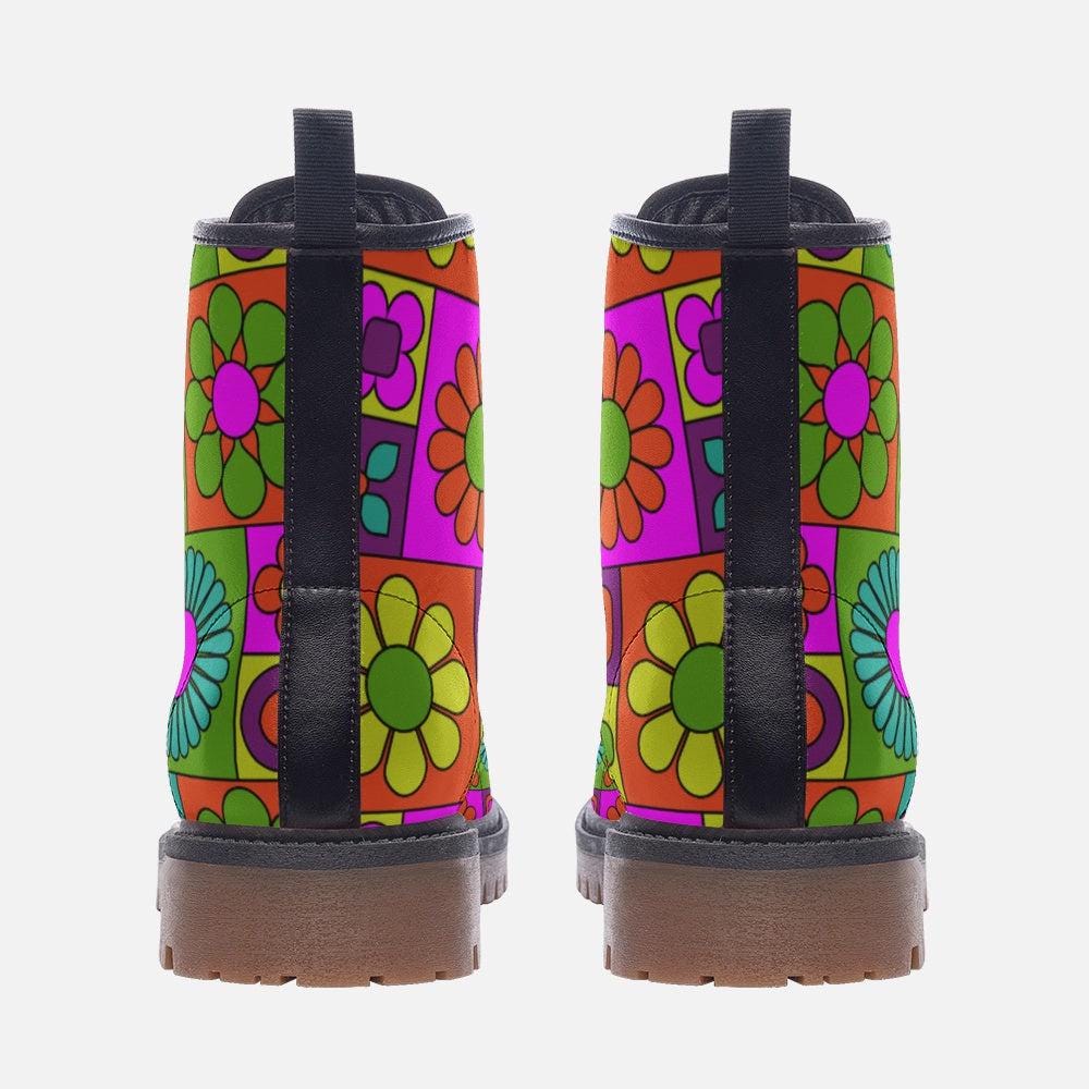 Psychedelic Daisy Vegan Leather Combat Boots: 70s Rave Festival Footwear