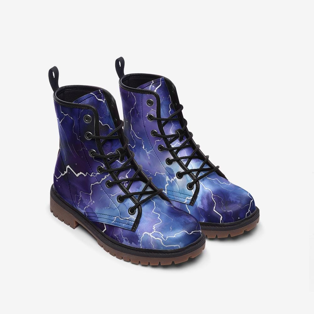 Electric Lightning Combat Boots, Stormcore Rave Festival Shoes in Blue