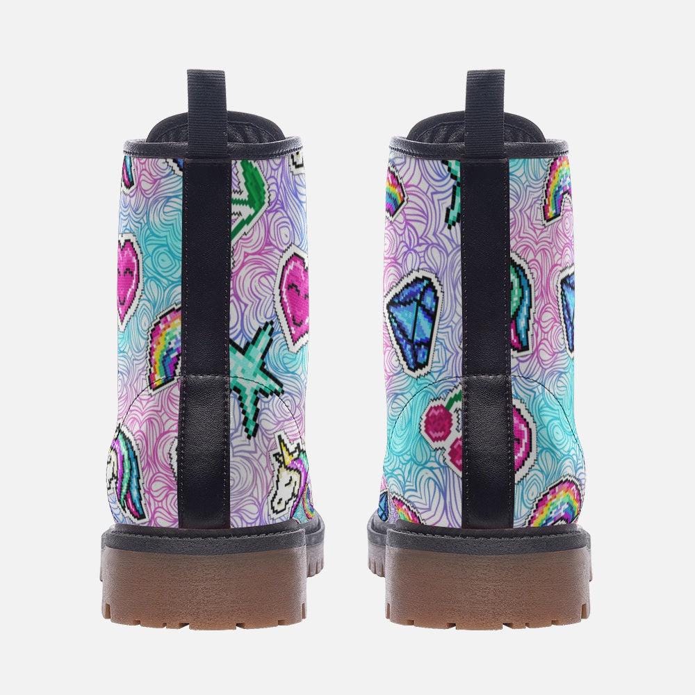 Pixel Unicorn Combat Boots, Rave Festival Boots Rainbow Y2K Pastel