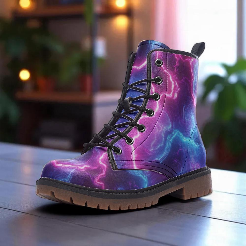 Electric lightning combat boots with cosmic storm energy print, rave, festival, bold statement footwear