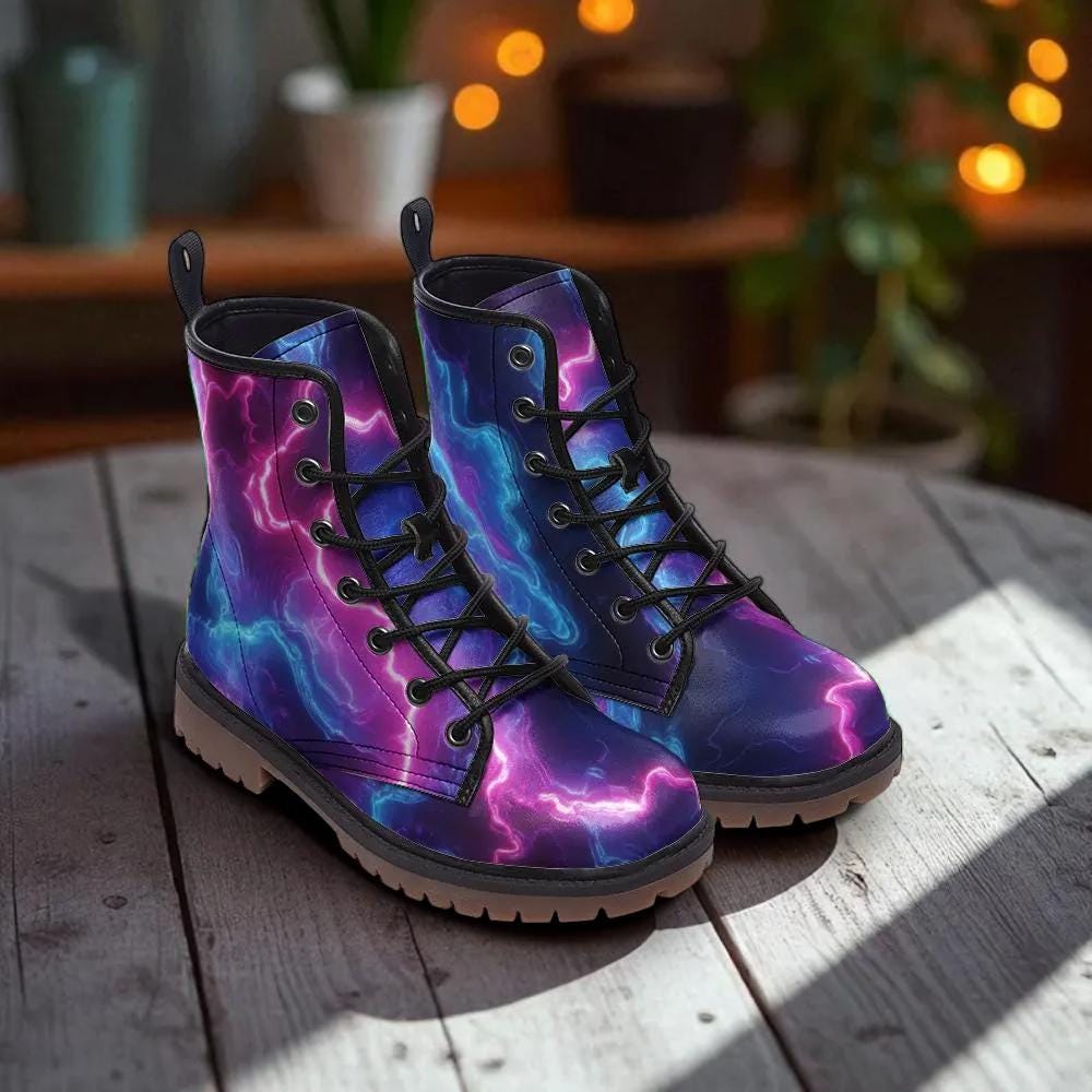 Electric lightning combat boots with cosmic storm energy print, rave, festival, bold statement footwear