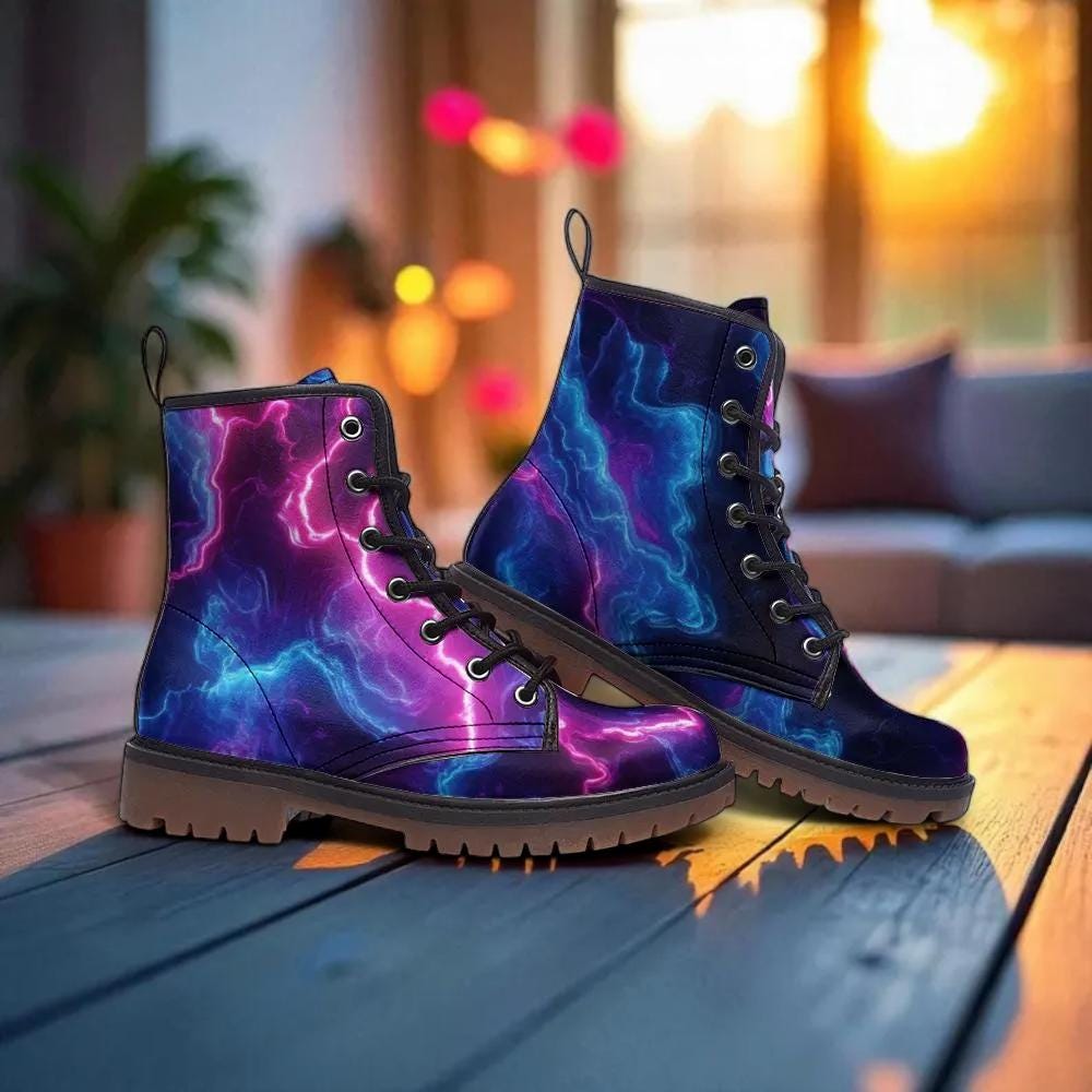 Electric lightning combat boots with cosmic storm energy print, rave, festival, bold statement footwear