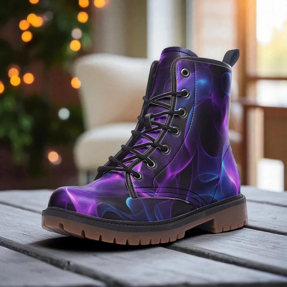Purple Smoke Combat Boots with Cosmic Abstract Vapor Print