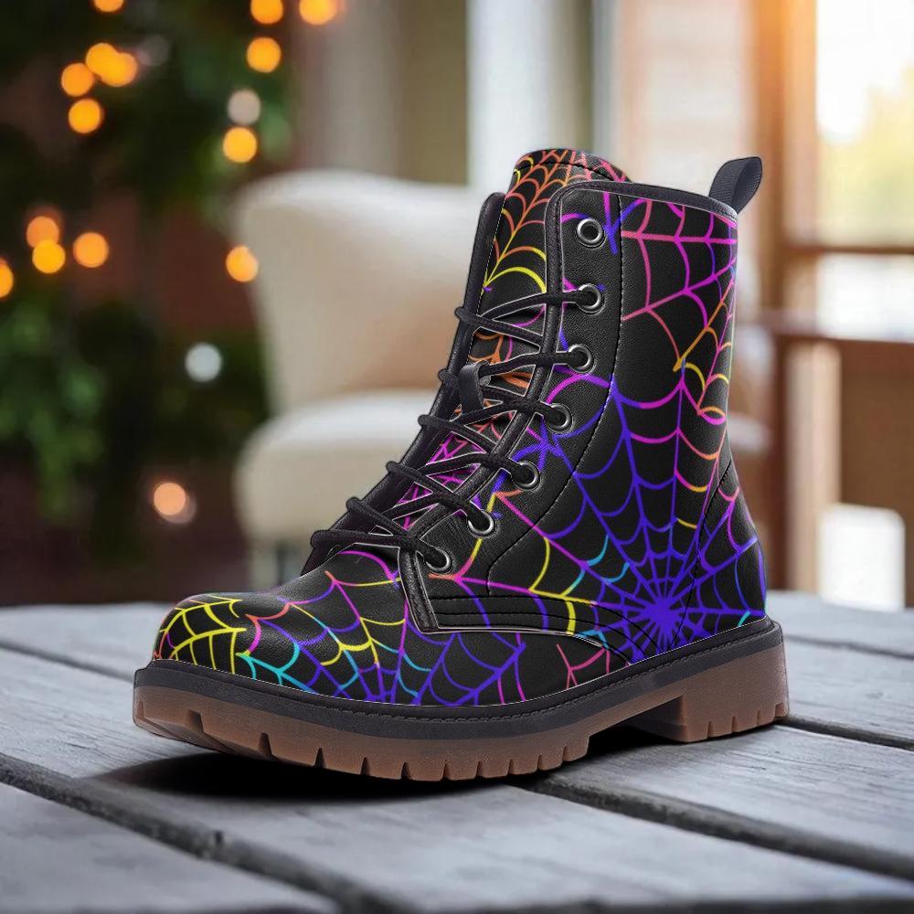 Rainbow Spiderweb Combat Boots with Dark Fantasy Halloween Vibe