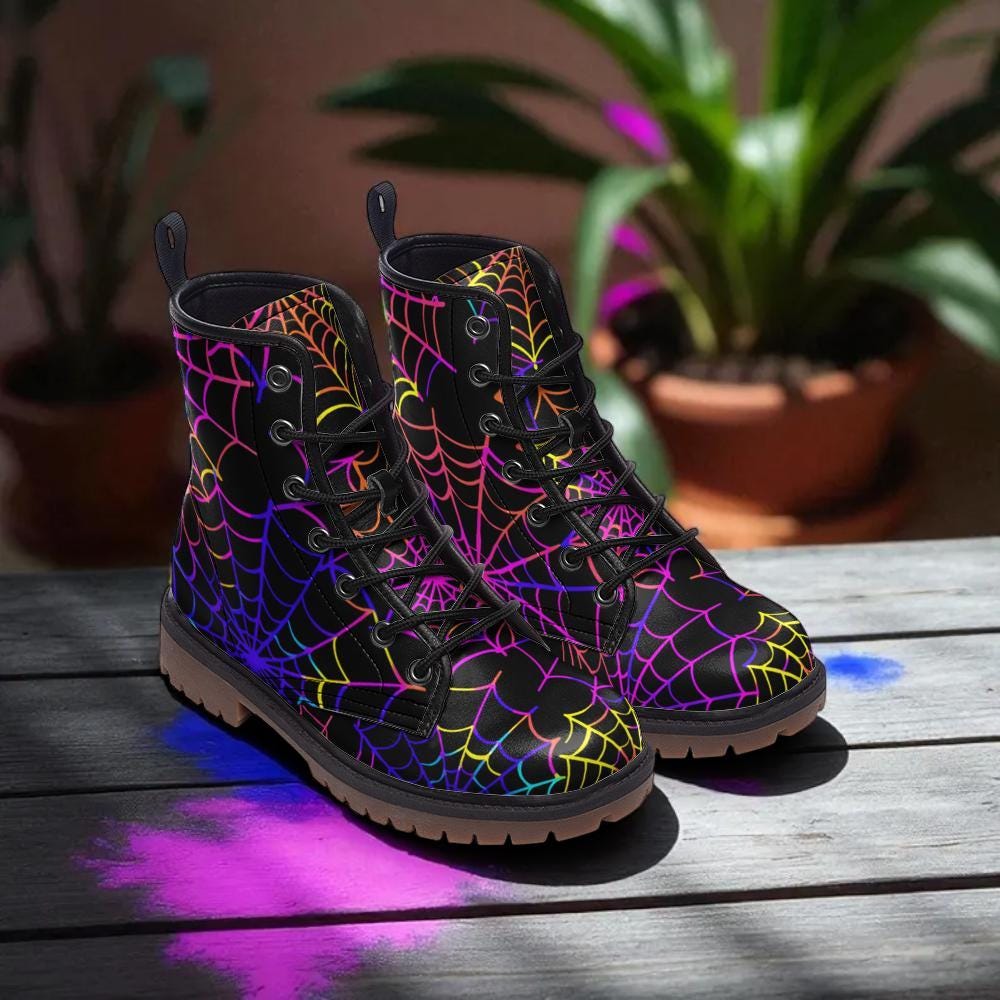 Rainbow Spiderweb Combat Boots with Dark Fantasy Halloween Vibe