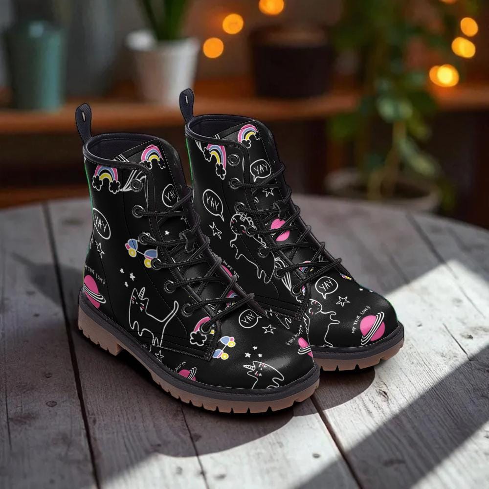 Cute Cat Combat Boots with Space Cartoon Design and Cosmic Art