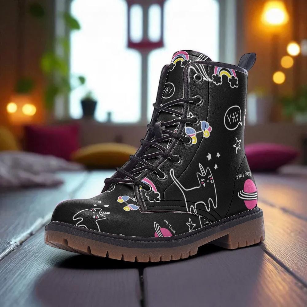 Cute Cat Combat Boots with Space Cartoon Design and Cosmic Art