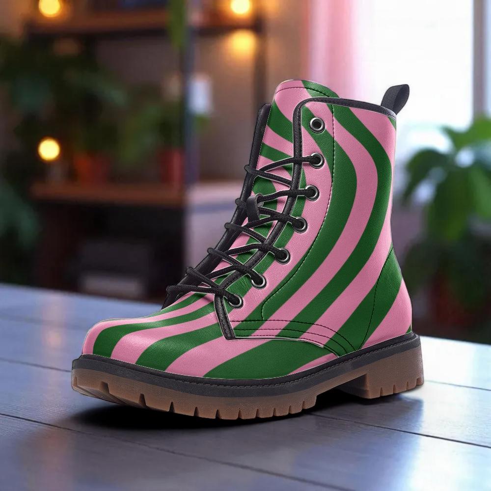Pink Green Swirl Combat Boots with Retro Funky Design