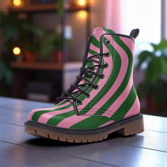 Pink Green Swirl Combat Boots with Retro Funky Design