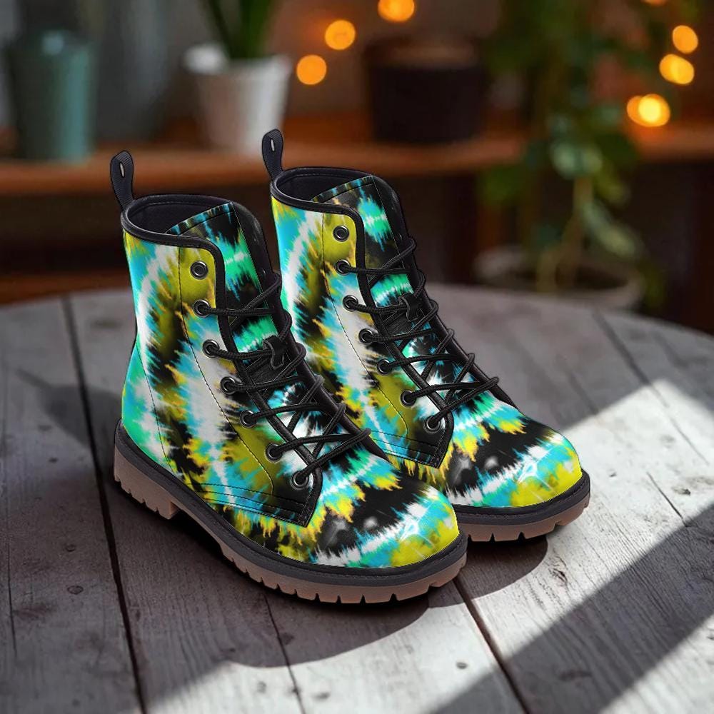 Green Tie Dye Combat Boots with Psychedelic Color Pattern