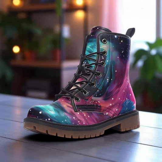 Nebula Combat Boots with Galaxy Design, Space Stars, Rave Footwear, Festival Lace Up Shoes