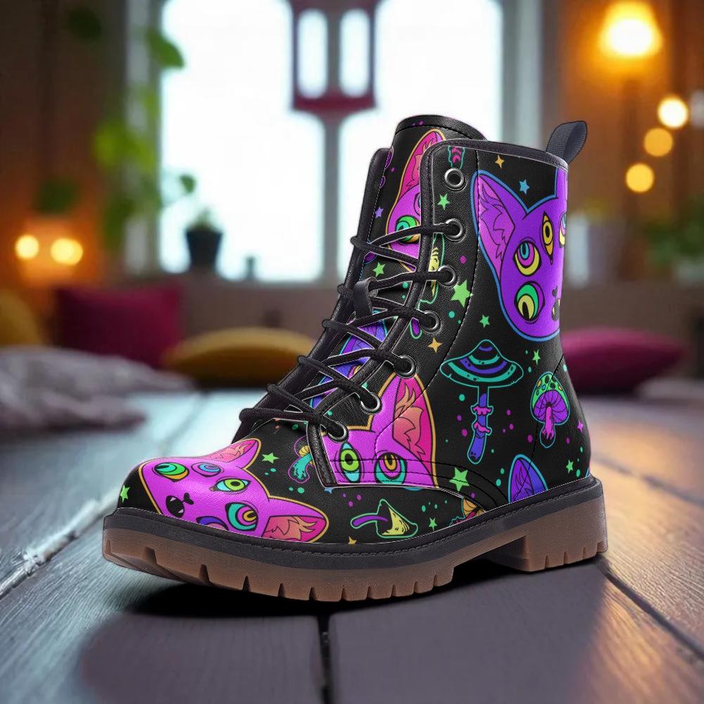 Psychedelic Cat Combat Boots with Mushroom Pattern and Trippy Art