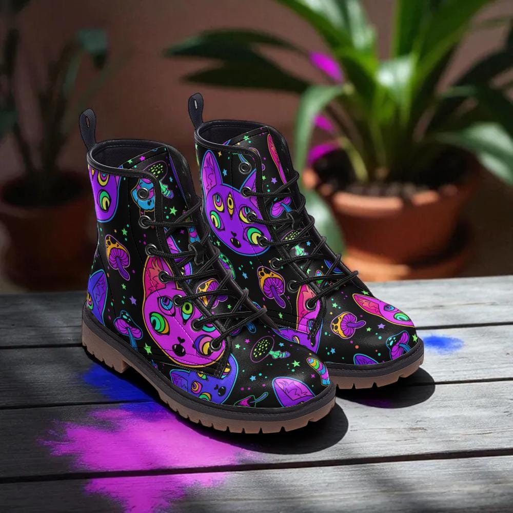 Psychedelic Cat Combat Boots with Mushroom Pattern and Trippy Art