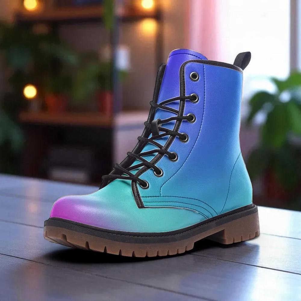 Holographic Combat Boots, Blue Purple Gradient Ankle Boots, Festival, Rave, Cyber Fairy Style