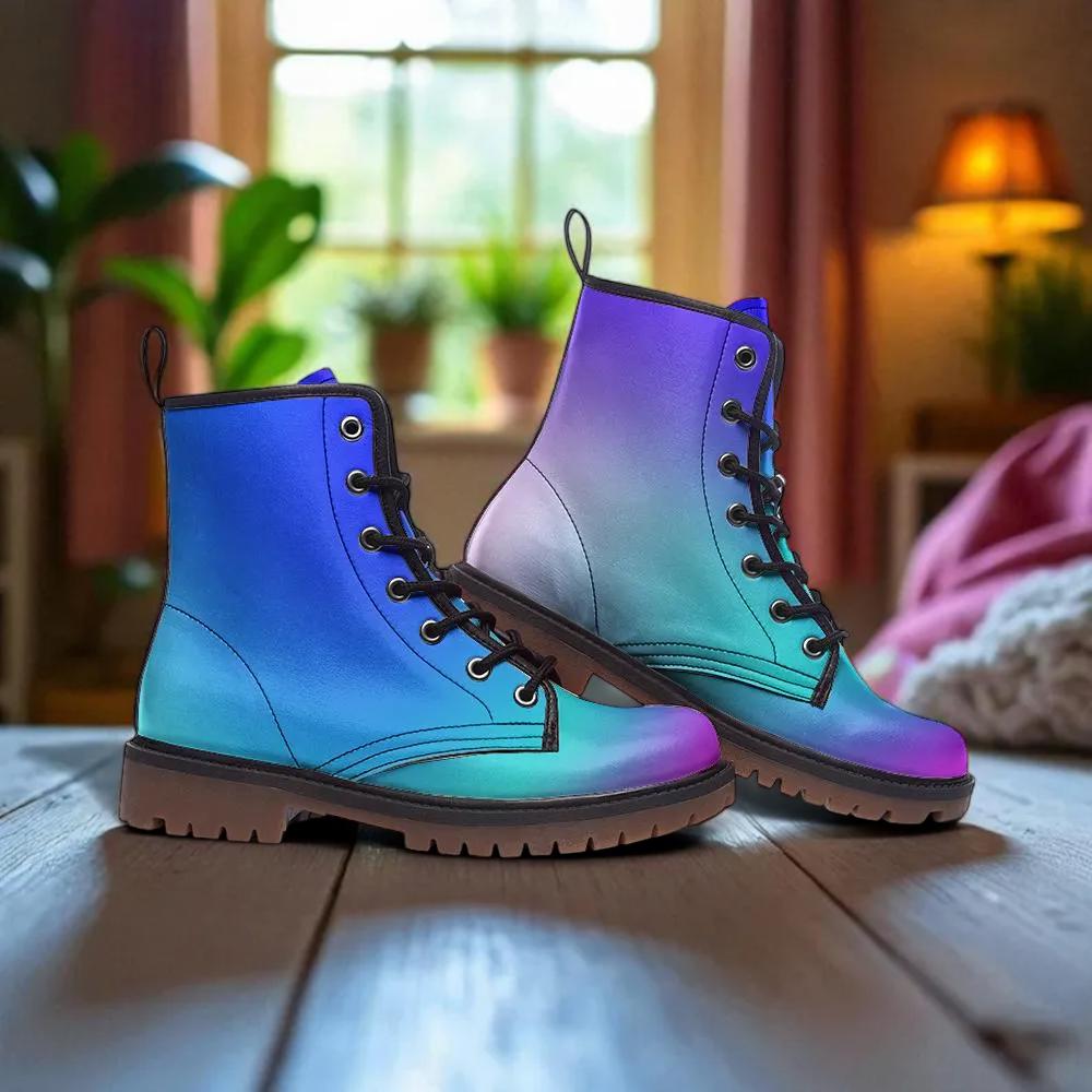 Holographic Combat Boots, Blue Purple Gradient Ankle Boots, Festival, Rave, Cyber Fairy Style