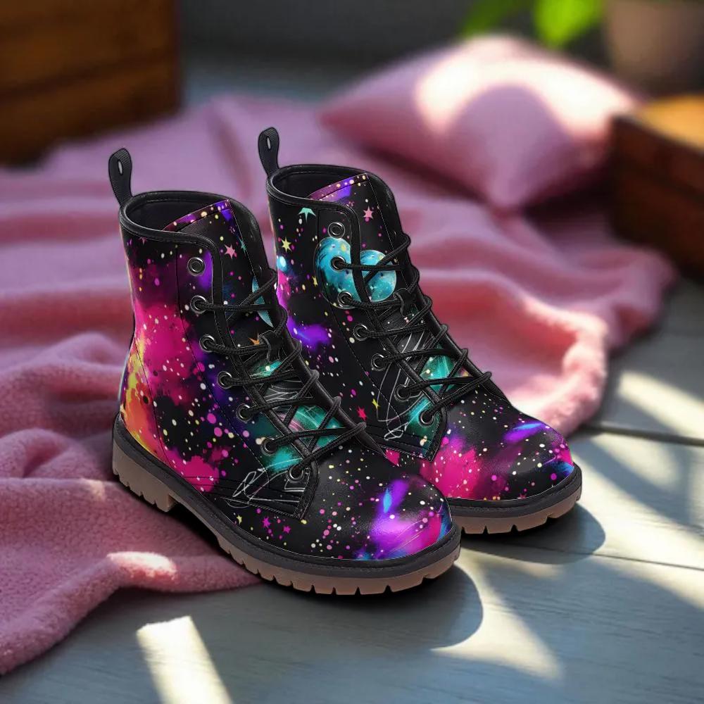 Galaxy Nebula Combat Boots, Cosmic Platform Edgy Shoes, Celestial Space Print Footwear
