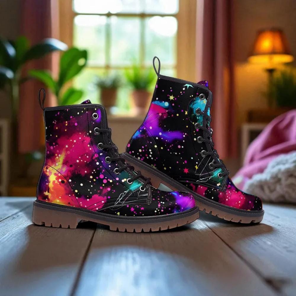 Galaxy Nebula Combat Boots, Cosmic Platform Edgy Shoes, Celestial Space Print Footwear