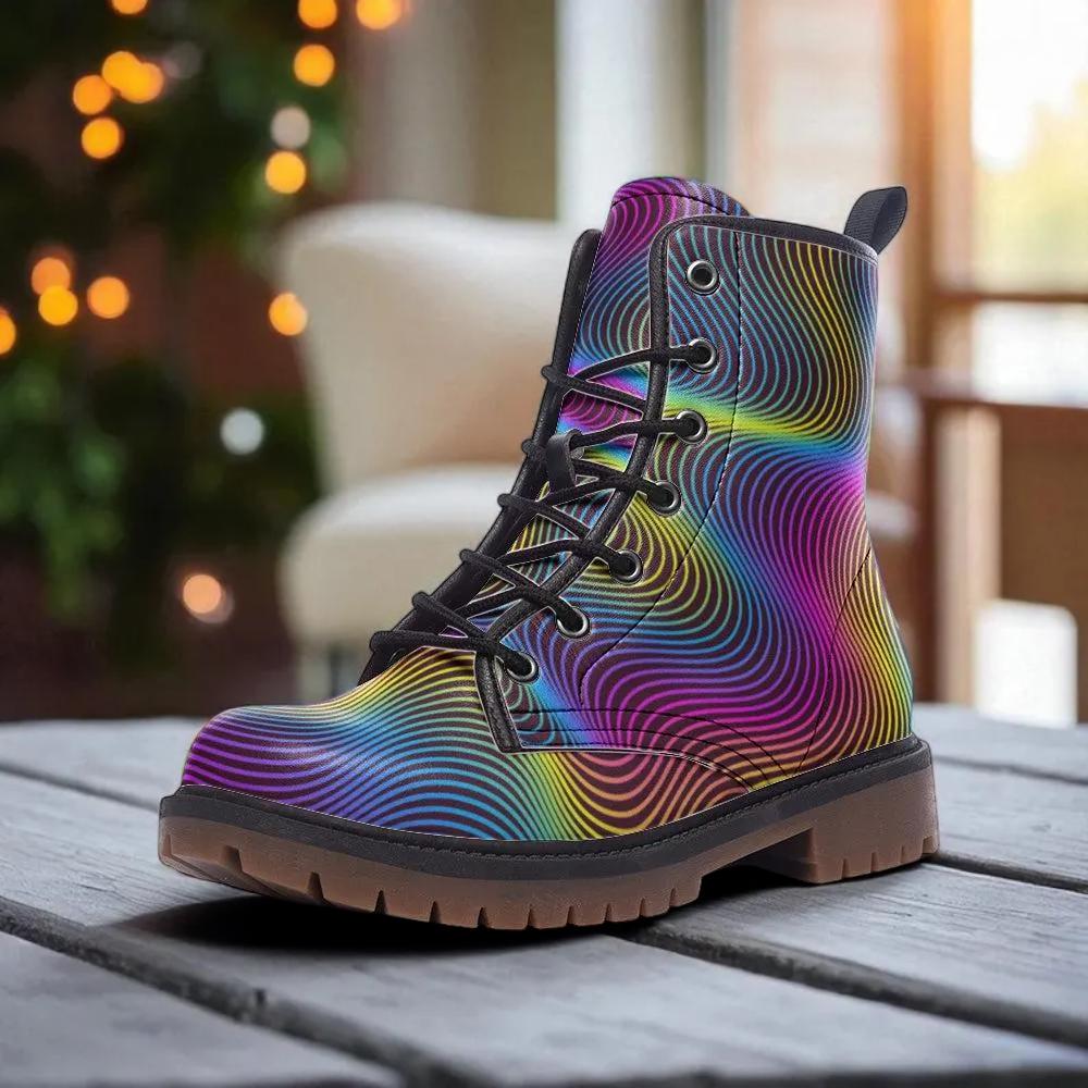 Rainbow Swirl Platform Boots, Psychedelic Festival Rave Style, Trippy Combat Boots, Colorful Rave Footwear